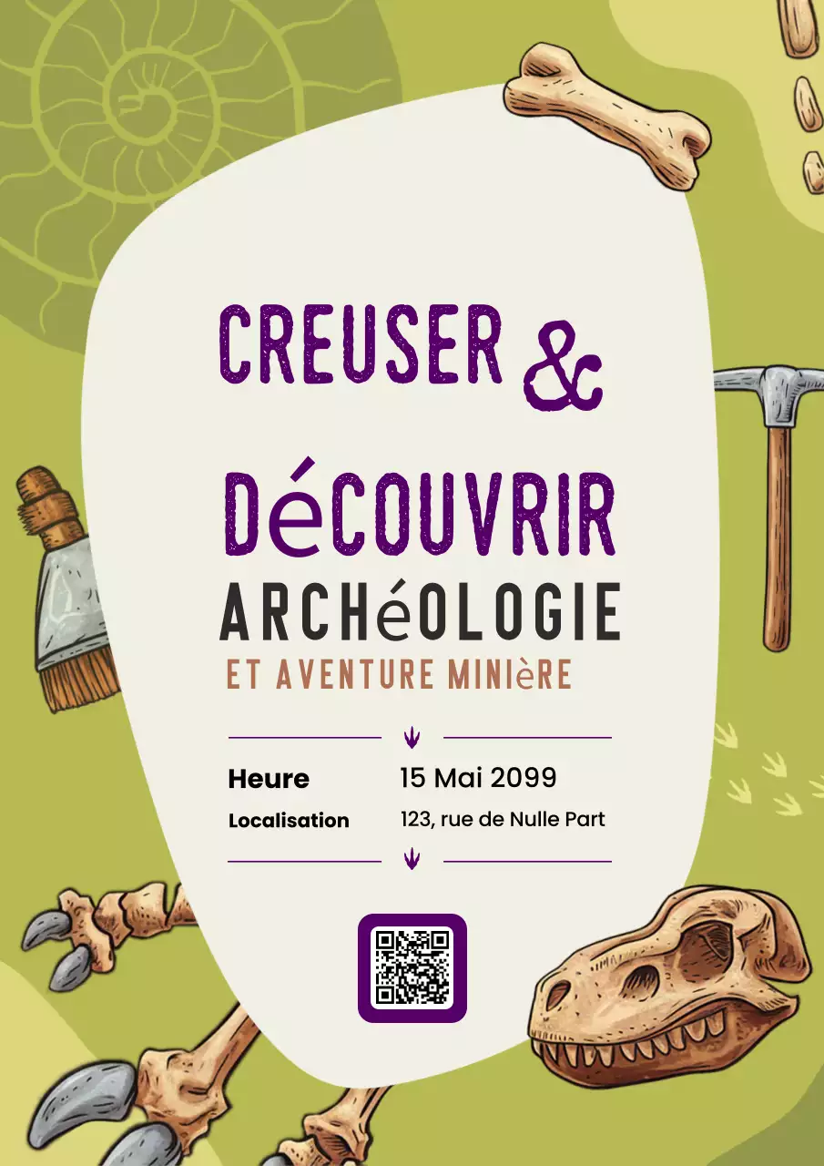 Affiche verte et jaune d'invitation aux activités archéologiques et minières