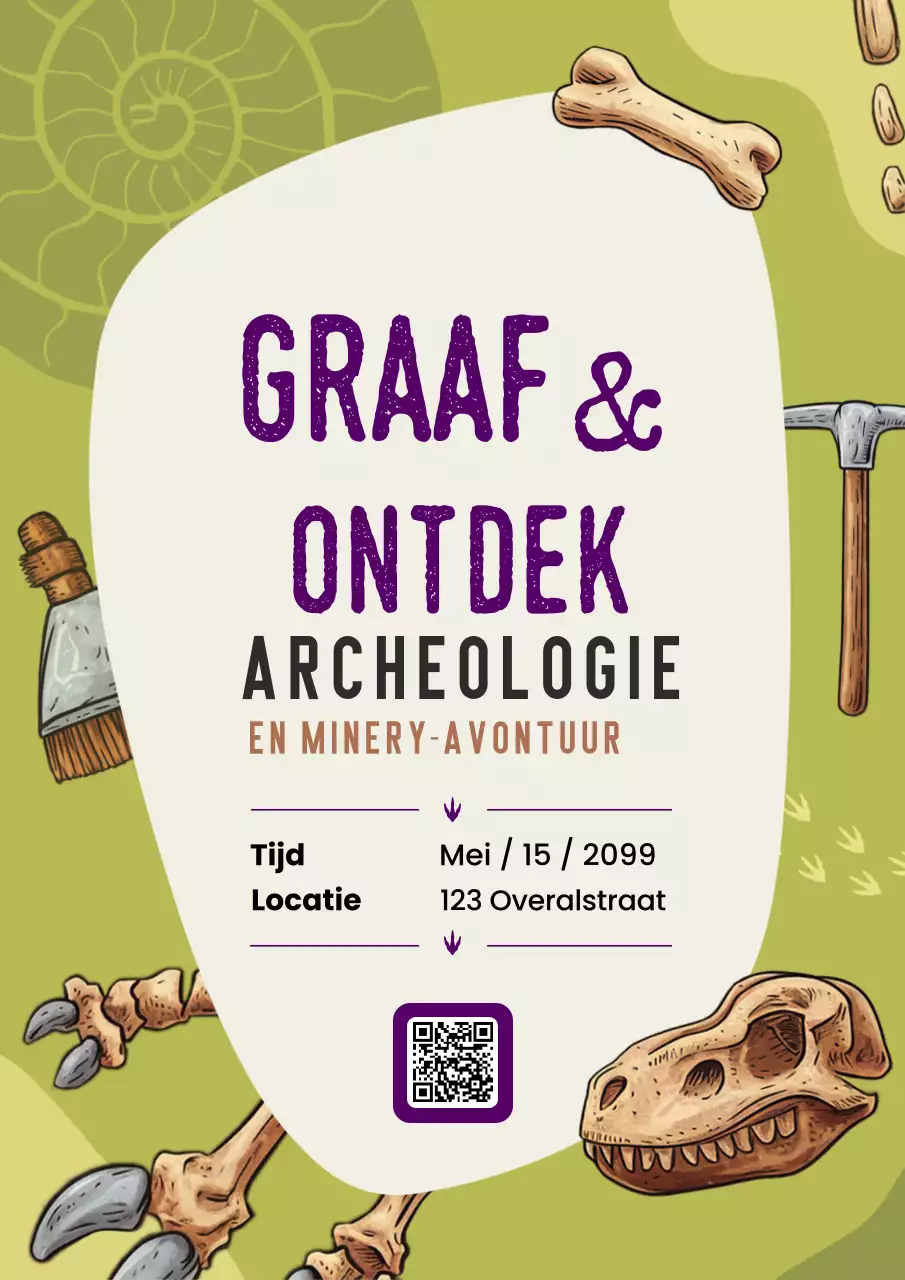 Groen-gele uitnodiging voor archeologie- en mijnbouwactiviteitenposter