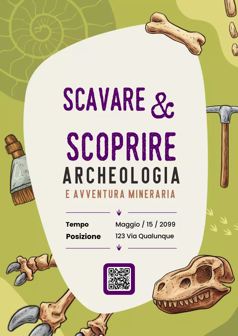 Manifesto di invito verde giallo per attività di archeologia e mineraria
