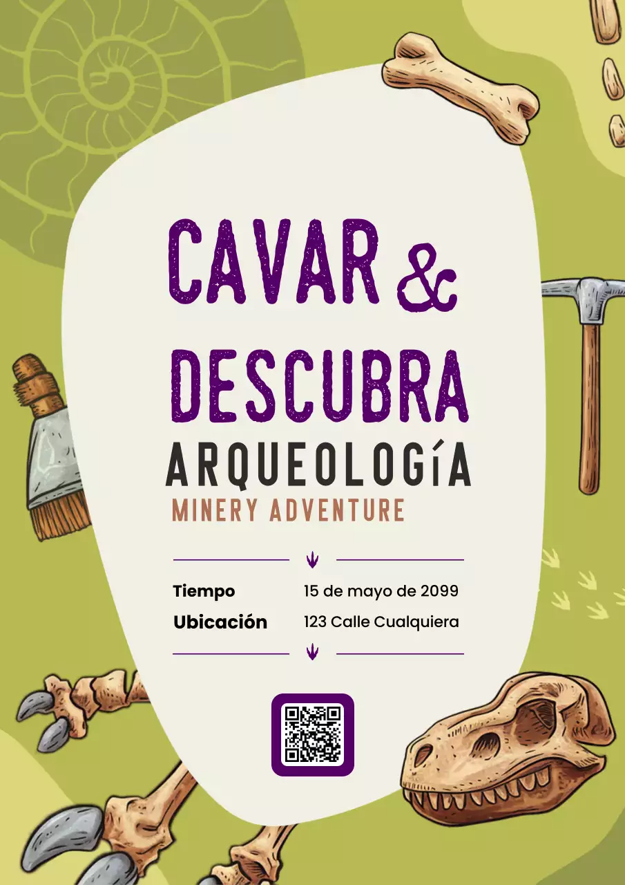 Cartel de invitación verde y amarillo para actividades de arqueología y minería