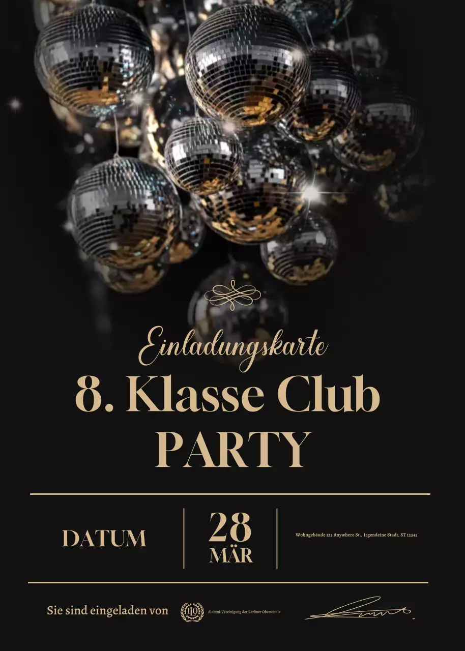 Einladungskarte für eine luxuriöse Clubparty in Schwarz und Gold