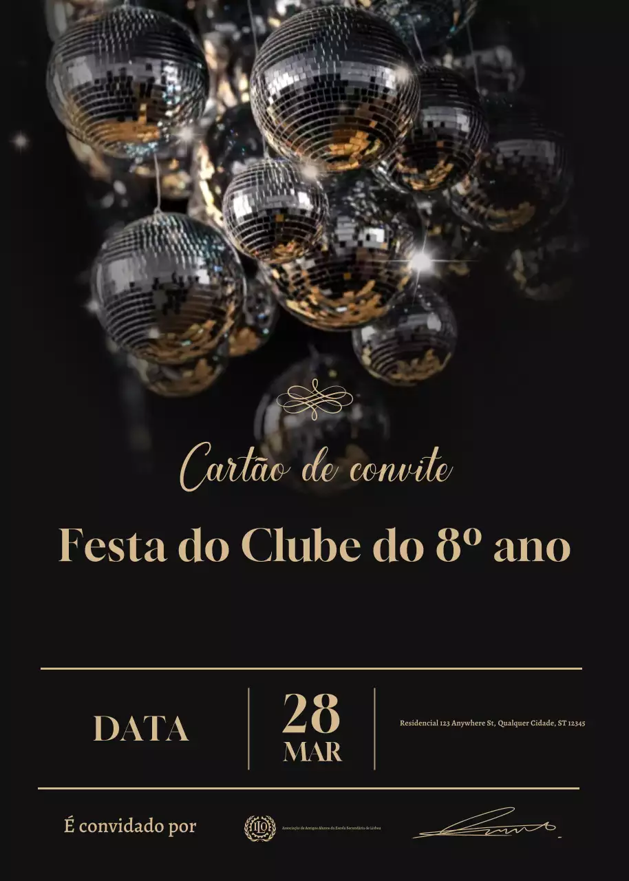 Cartão de convite para festa de clube de luxo em ouro preto