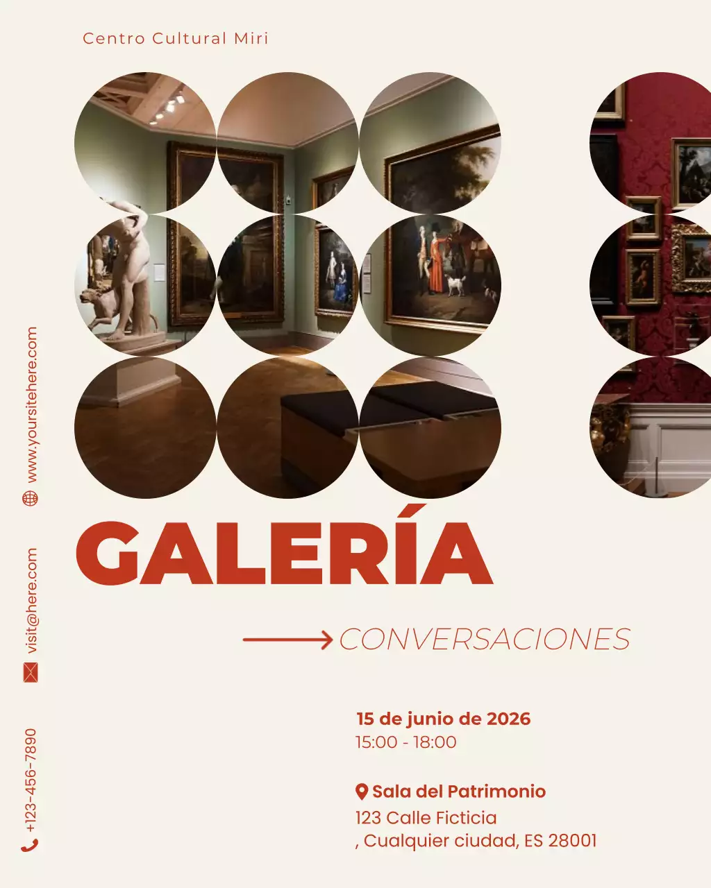 Publicación de Instagram para anunciar una exposición de arte moderno en beige y rojo.