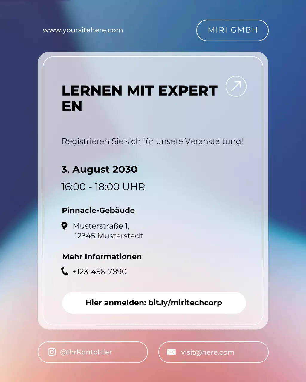 lila Instagram-Post zur Einladung zu modernen Tech- und Wissenschaftsveranstaltungen
