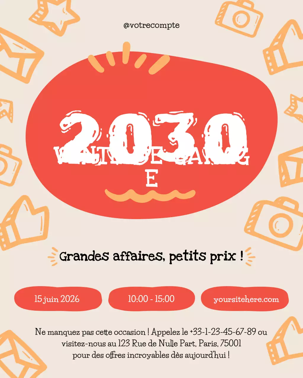 Promotion d'événement de vente de garage dessinée à la main beige orange