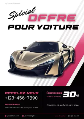 Affiche promotionnelle de vente de voitures modernes roses et noires