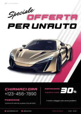 Manifesto promozionale dell'offerta di vendita di auto moderne rosa e nere