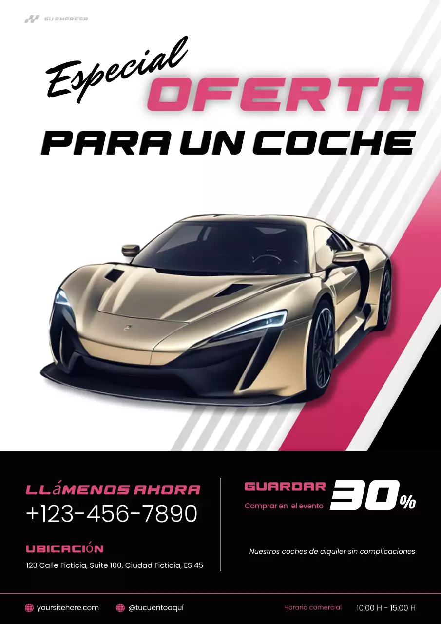 Cartel promocional de venta de coches modernos en color rosa y negro
