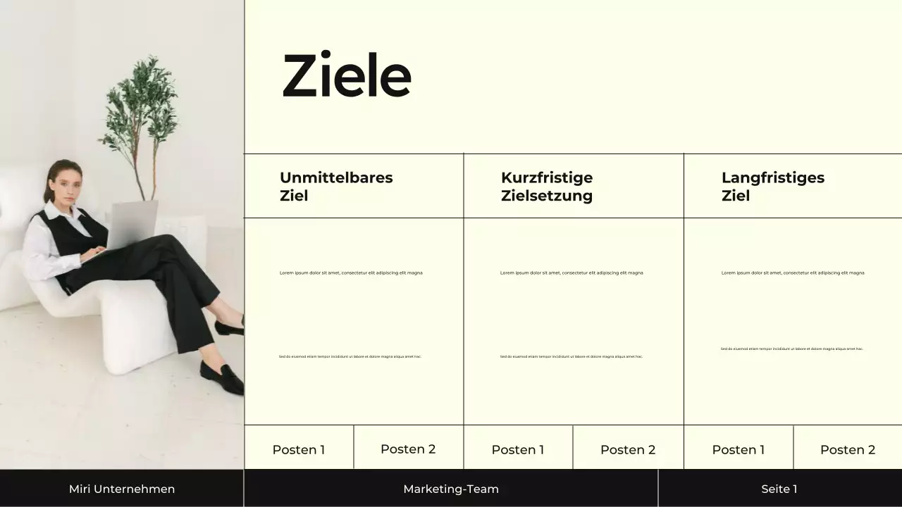 Präsentation der Content-Marketing-Strategie in Creme und Schwarz