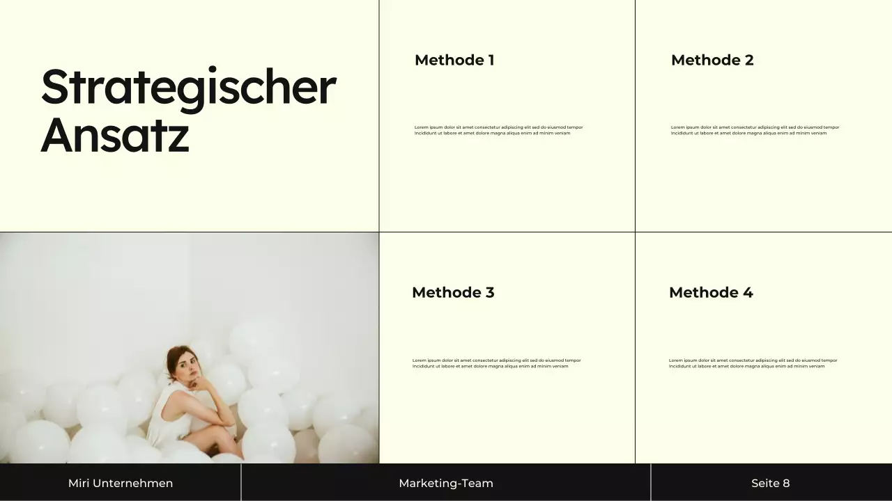 Präsentation der Content-Marketing-Strategie in Creme und Schwarz