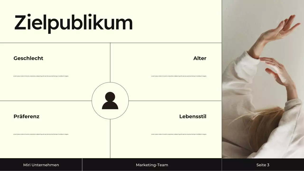 Präsentation der Content-Marketing-Strategie in Creme und Schwarz