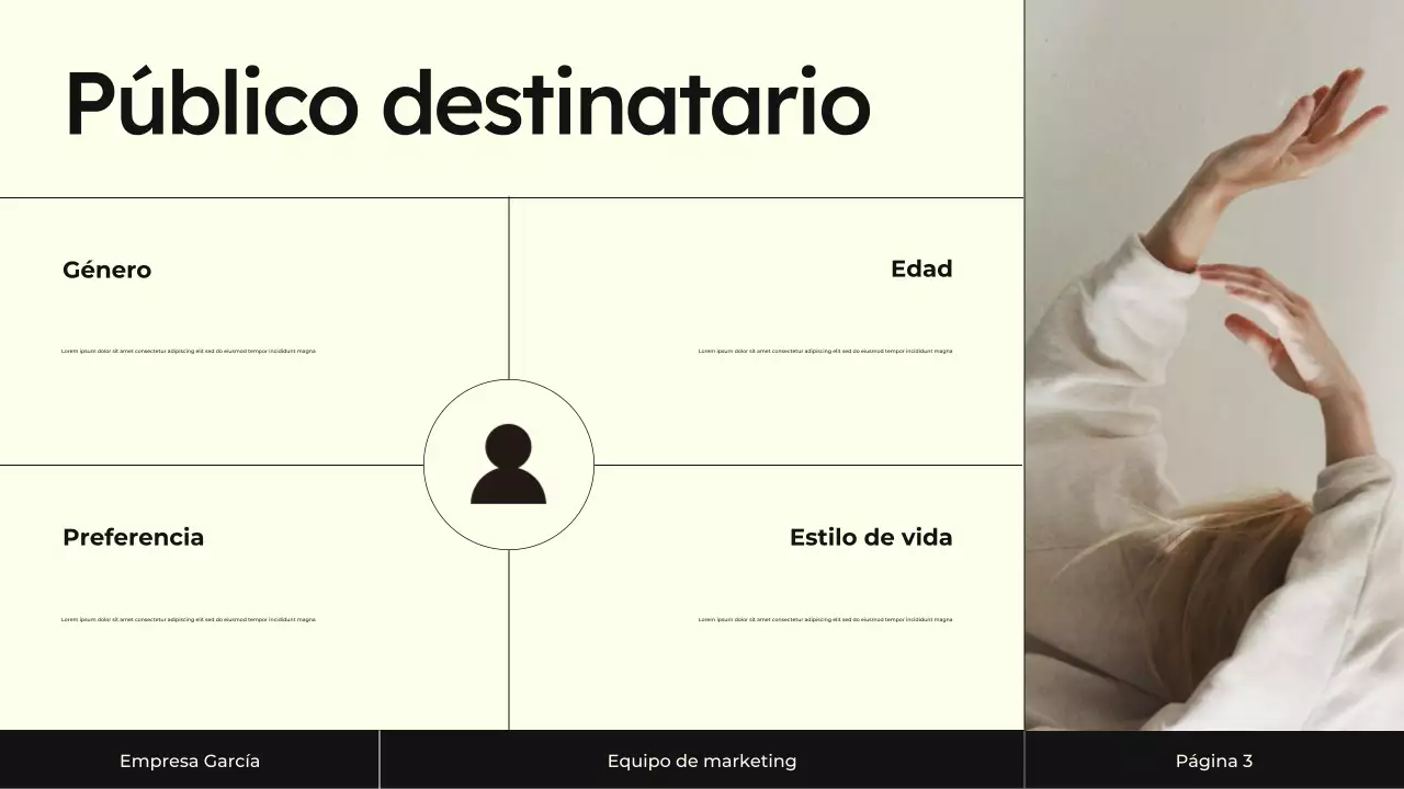 Presentación de la estrategia de marketing de contenidos en crema y negro