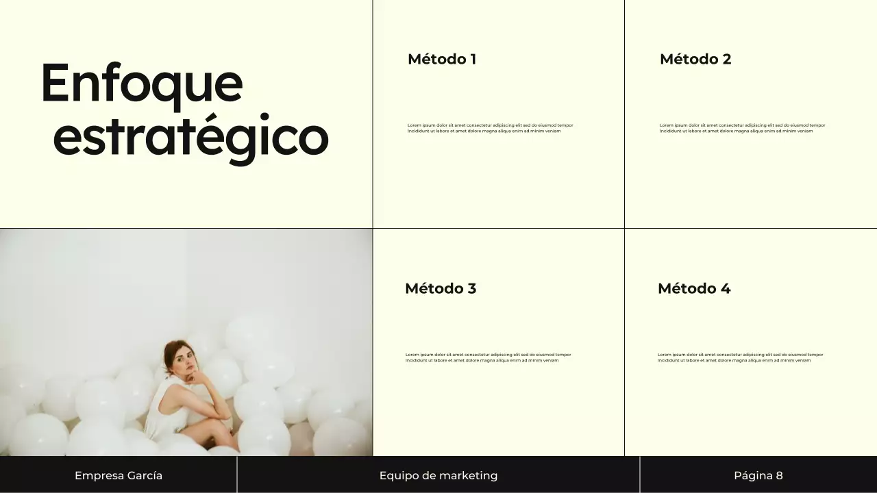 Presentación de la estrategia de marketing de contenidos en crema y negro