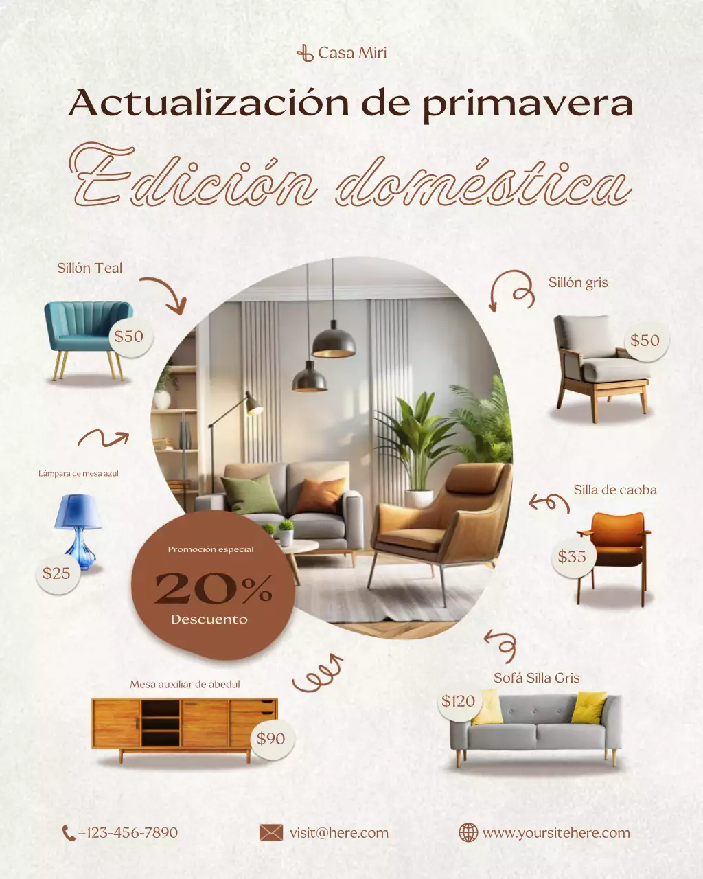 Publicación de Instagram sobre la promoción de muebles modernos en beige.