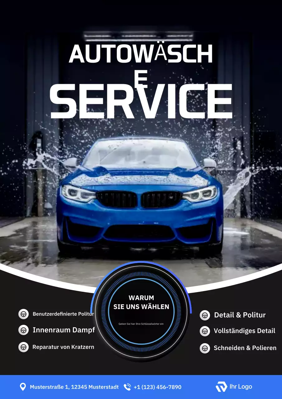 Blaue Anzeige für einen professionellen Autowaschservice