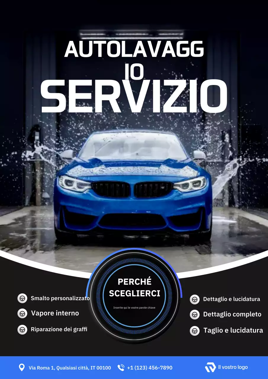 Pubblicità del servizio di lavaggio auto professionale Blue