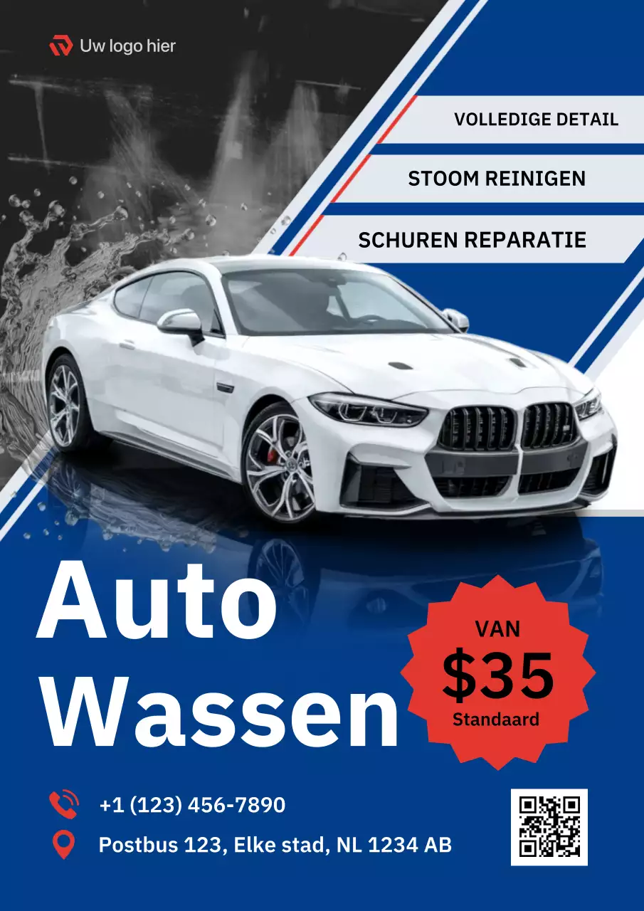 Advertentie voor moderne autowasstraat in blauw en rood