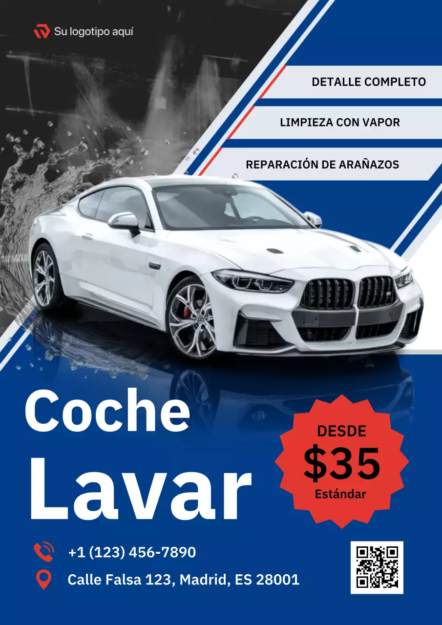 Anuncio de lavado de autos moderno azul y rojo