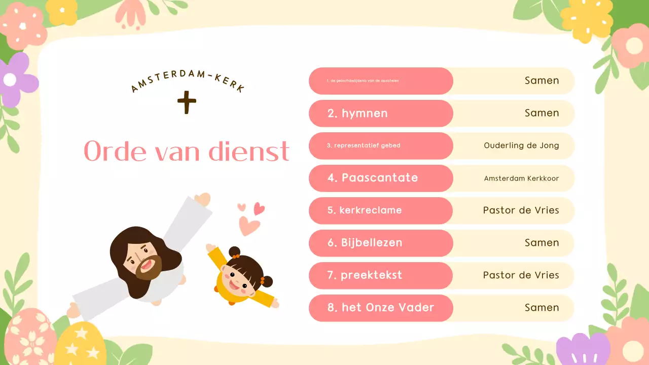 Een schattige paasdienstgids in geel en roze