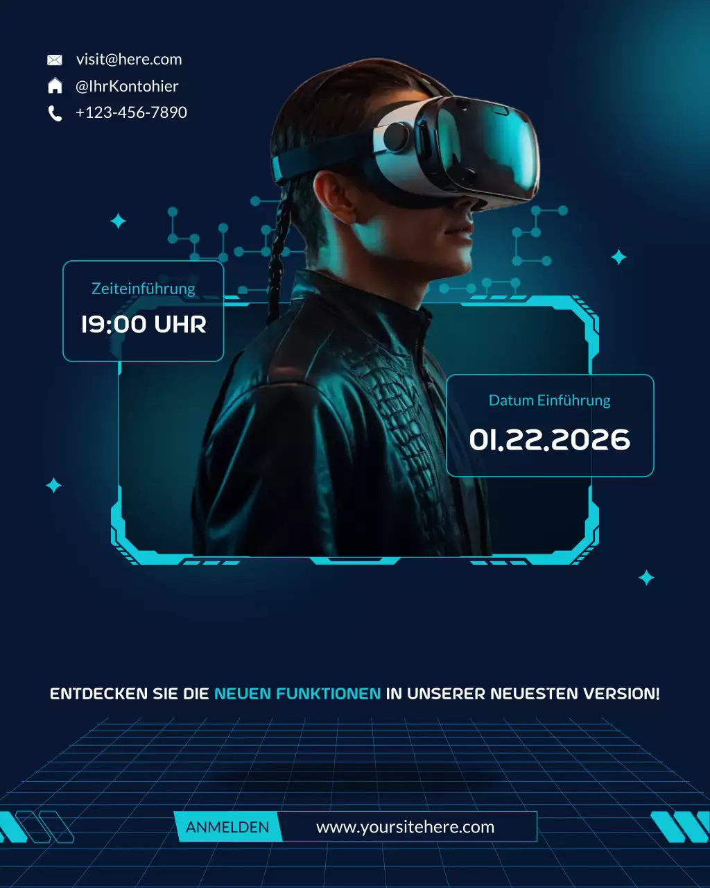 Blaues Banner-Poster zur Förderung moderner Technologie und Wissenschaft für VR-Social-Media-Events