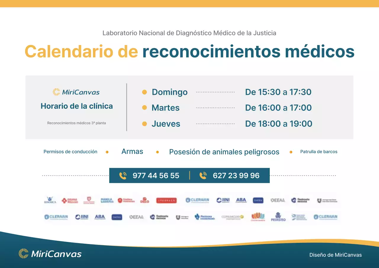 Póster de horario médico profesional azul y amarillo