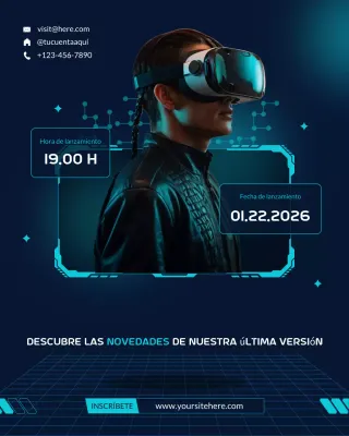 Banner promocional de evento en redes sociales de VR, ciencia y tecnología modernas en azul