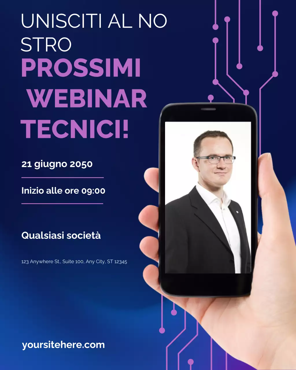 annuncio del webinar sulla tecnologia moderna blu