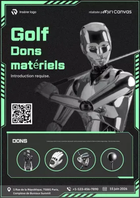 Affiche promotionnelle de don d'équipement de golf cyberpunk futuriste néon