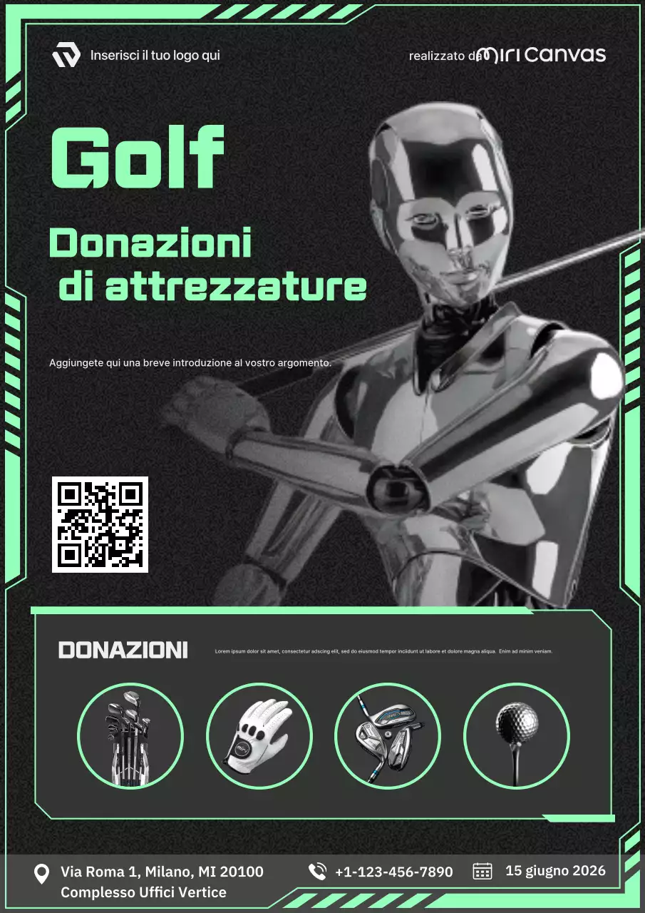 Manifesto promozionale per la donazione di attrezzatura da golf cyberpunk futuristico al neon