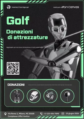 Manifesto promozionale per la donazione di attrezzatura da golf cyberpunk futuristico al neon