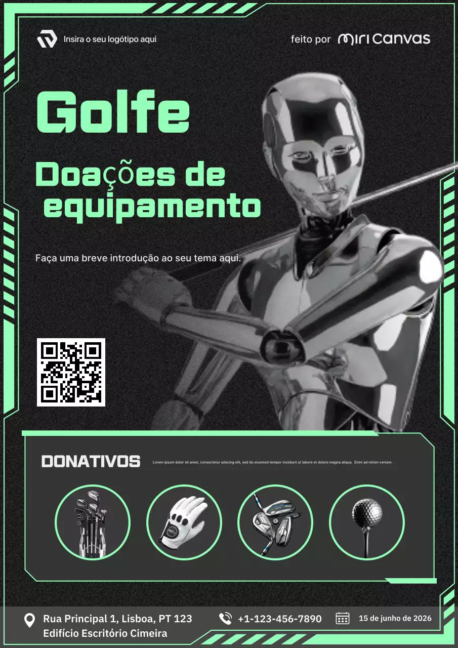 Cartaz promocional de doação de equipamento de golfe cyber punk futurista de néon