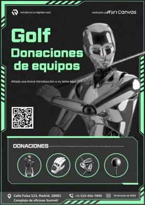 Cartel de promoción de donación de equipos de golf ciberpunk futurista de neón