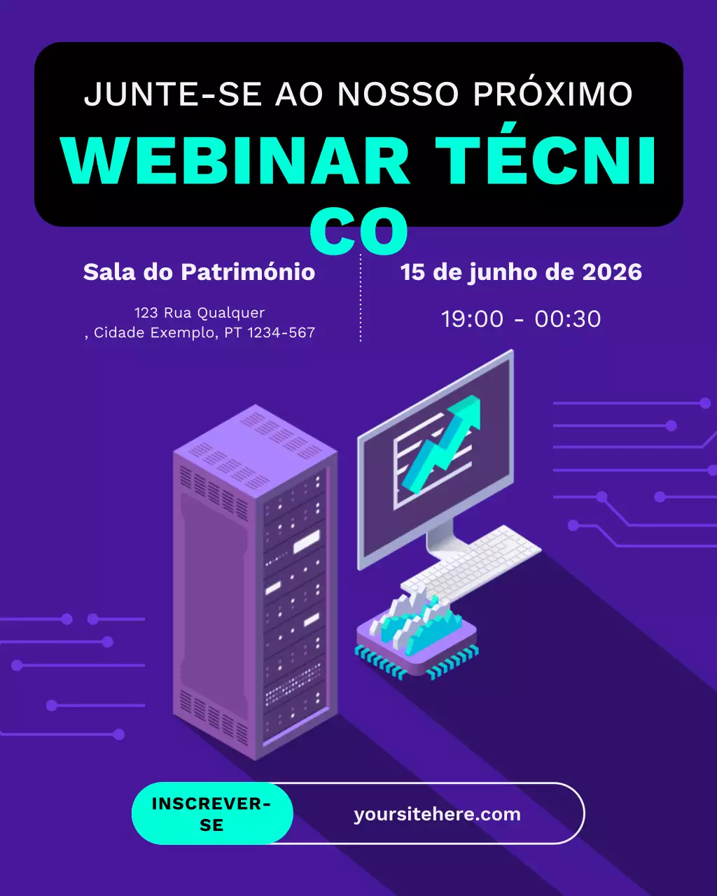 convite para evento de tecnologia moderna roxa
