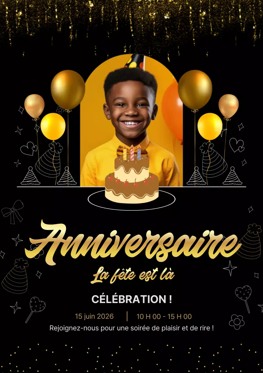 Affiche d'invitation d'anniversaire festive noire et dorée