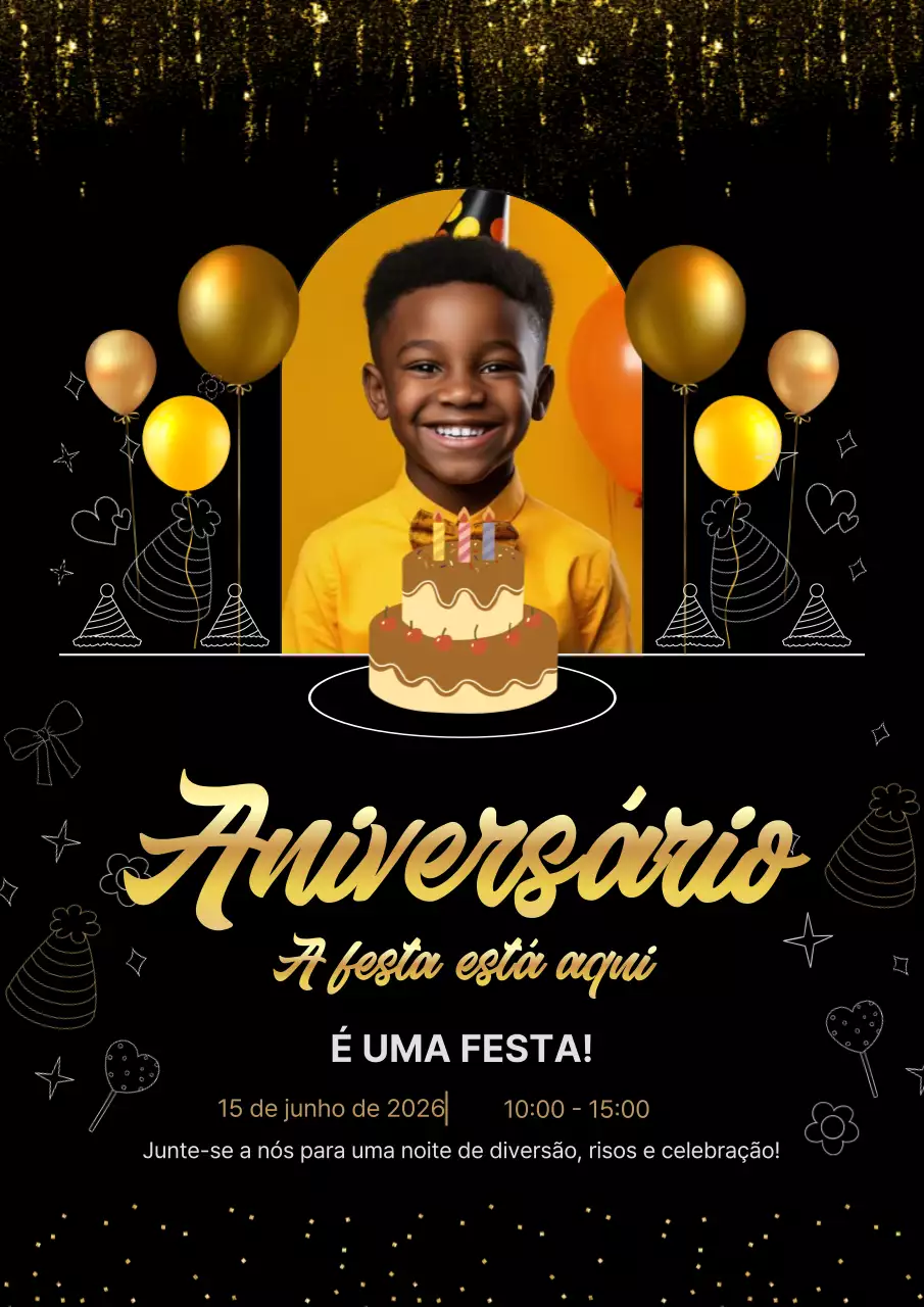 Cartaz de convite de aniversário festivo preto e dourado
