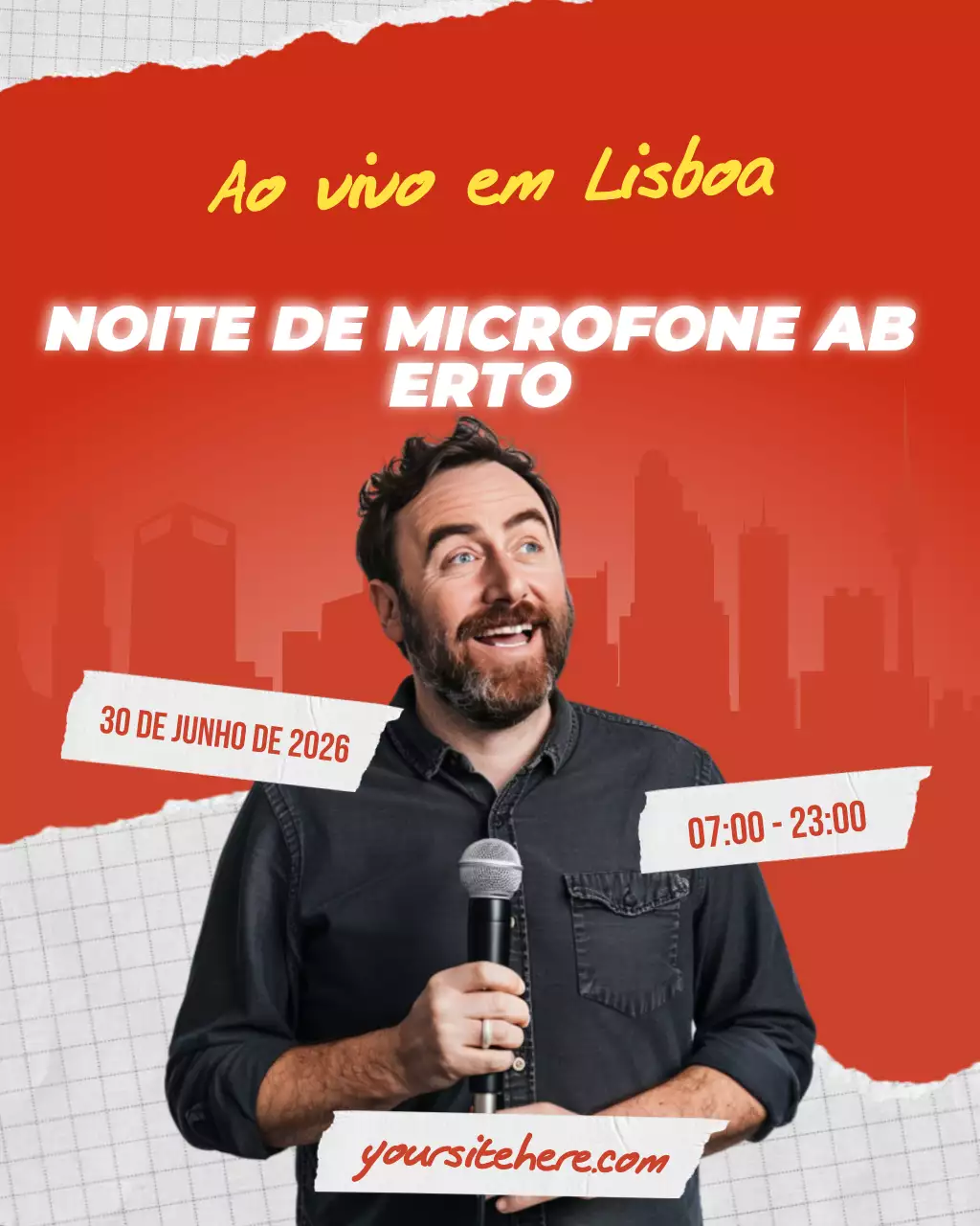 evento de comediante stand up moderno vermelho mídia social
