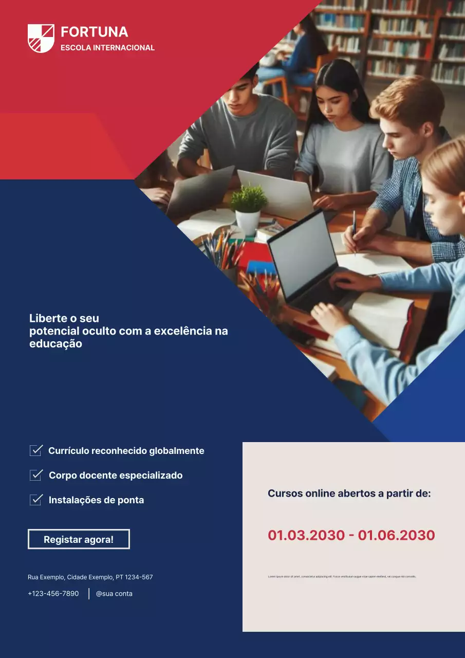 Cartaz de promoção da escola de educação moderna azul e vermelha