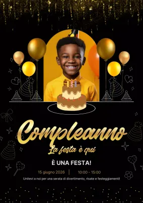 Poster di invito di compleanno festivo nero e oro