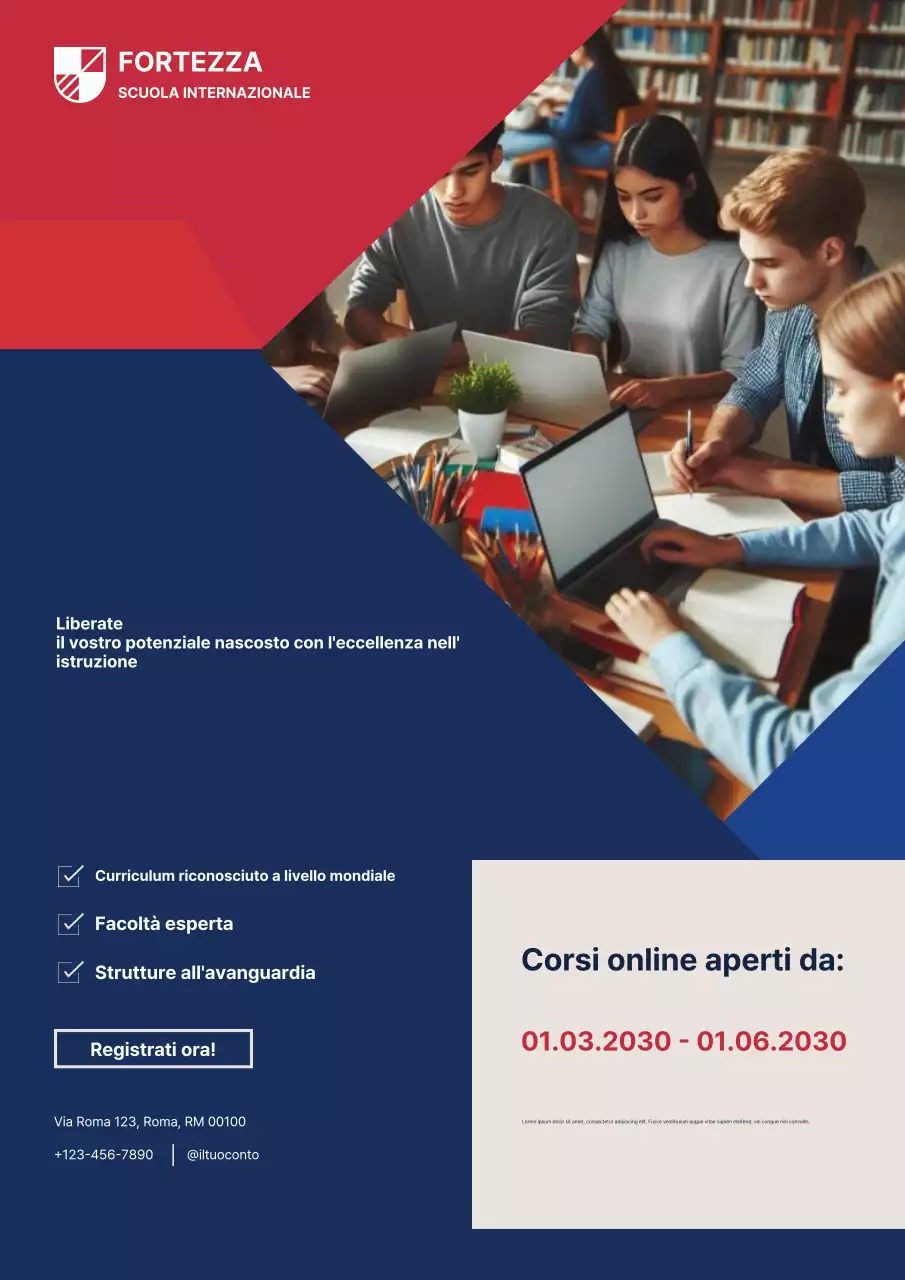 Promozione del manifesto scolastico dell'istruzione moderna blu e rossa