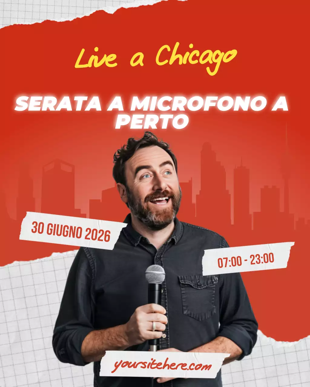 evento artista comico stand up moderno rosso social media