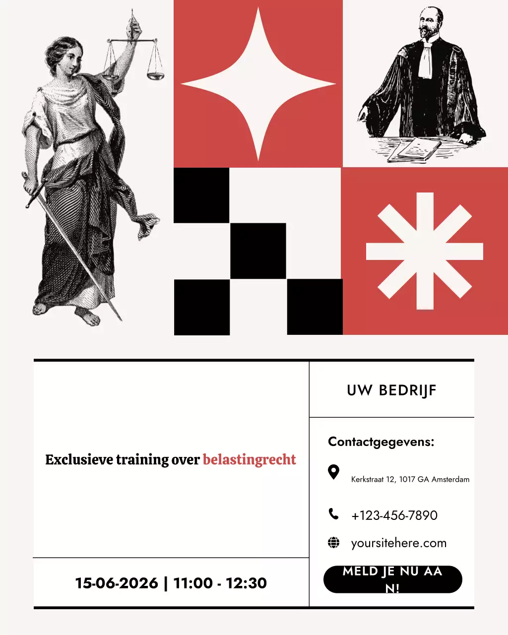 Uitnodiging voor de rode moderne belasting- en wetgevingstrainingssessie, social media-posterbanner