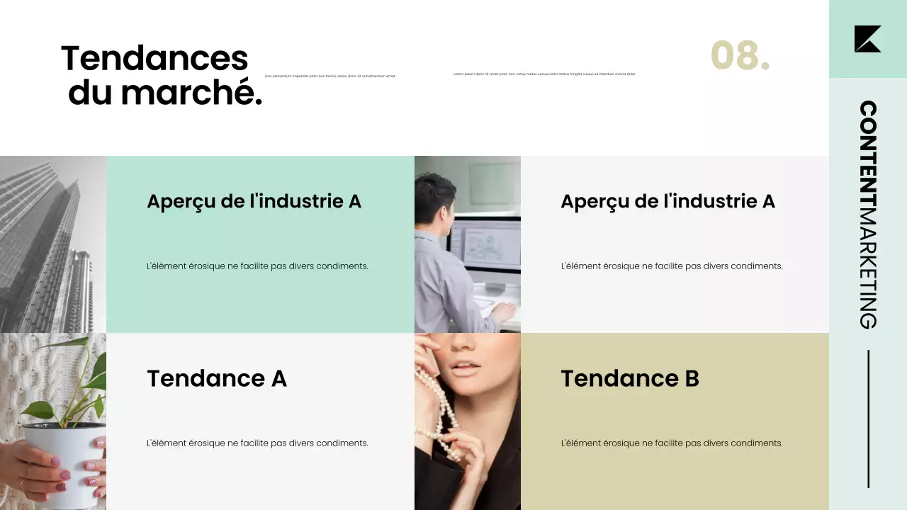 Présentation de la stratégie du plan de marketing de contenu dans un style scandinave moderne et soigné