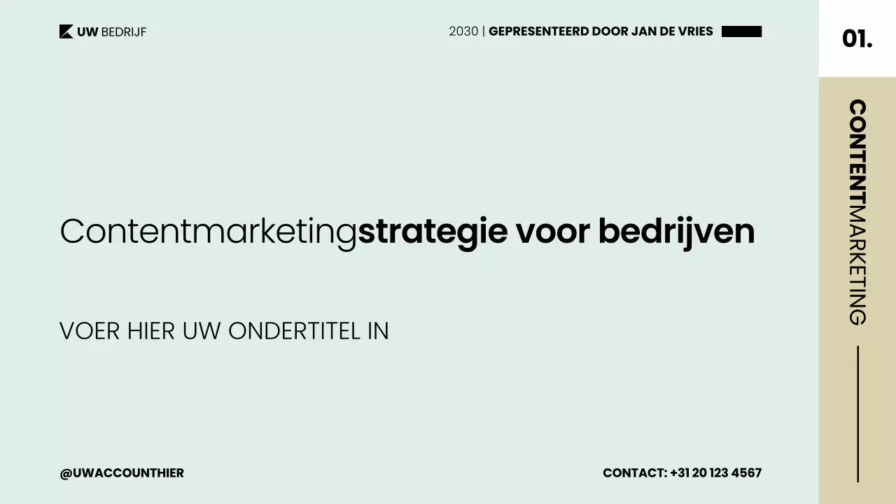 Contentmarketingplanstrategiepresentatie in een nette, moderne Scandinavische stijl
