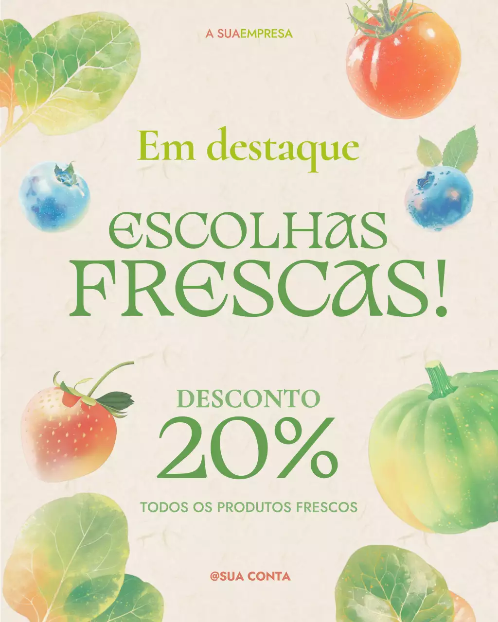 Promoção de varejo de supermercado para mídia social em estilo de desenho de aquarela orgânica