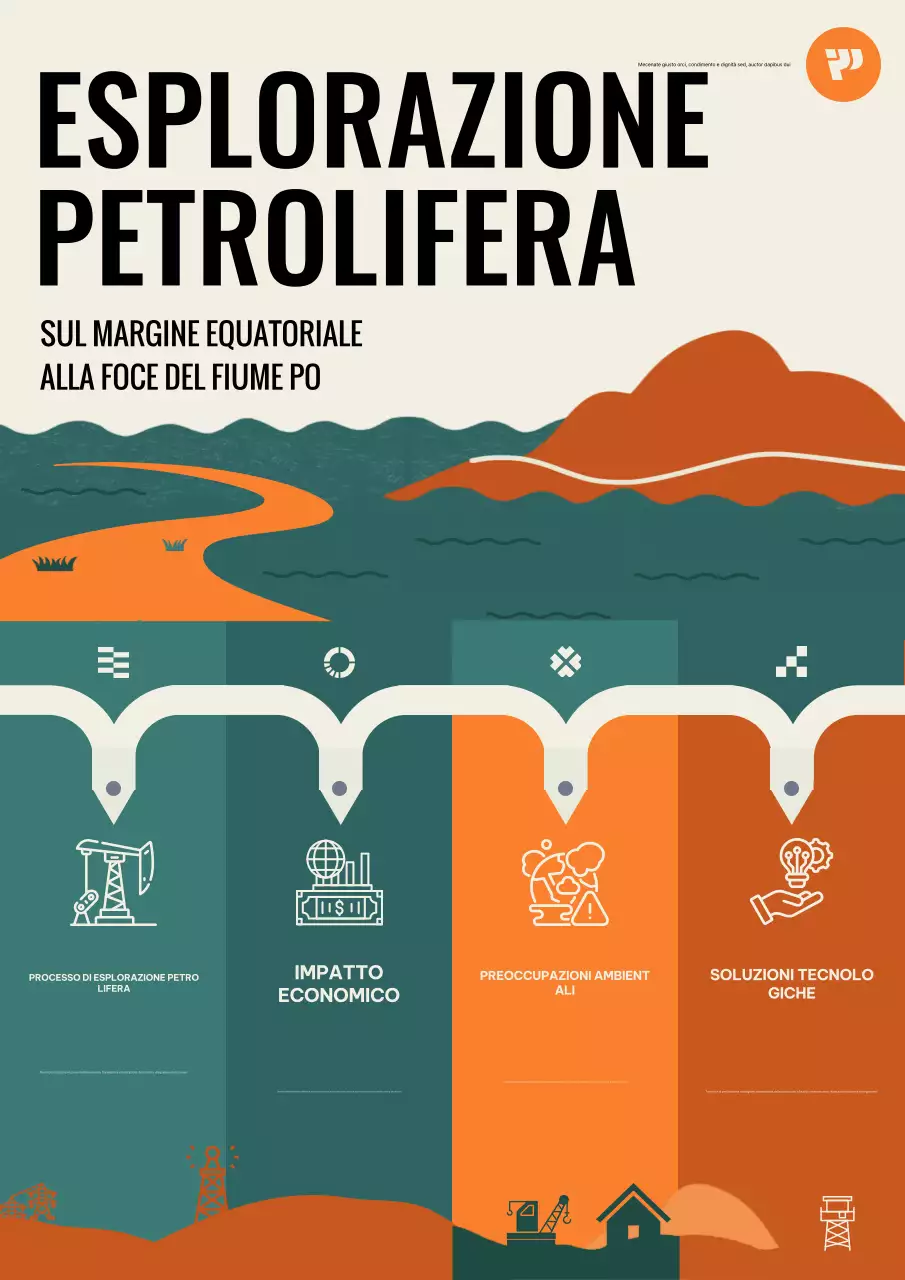 Illustrazione del poster dell'infografica sull'esplorazione petrolifera arancione e verde scuro