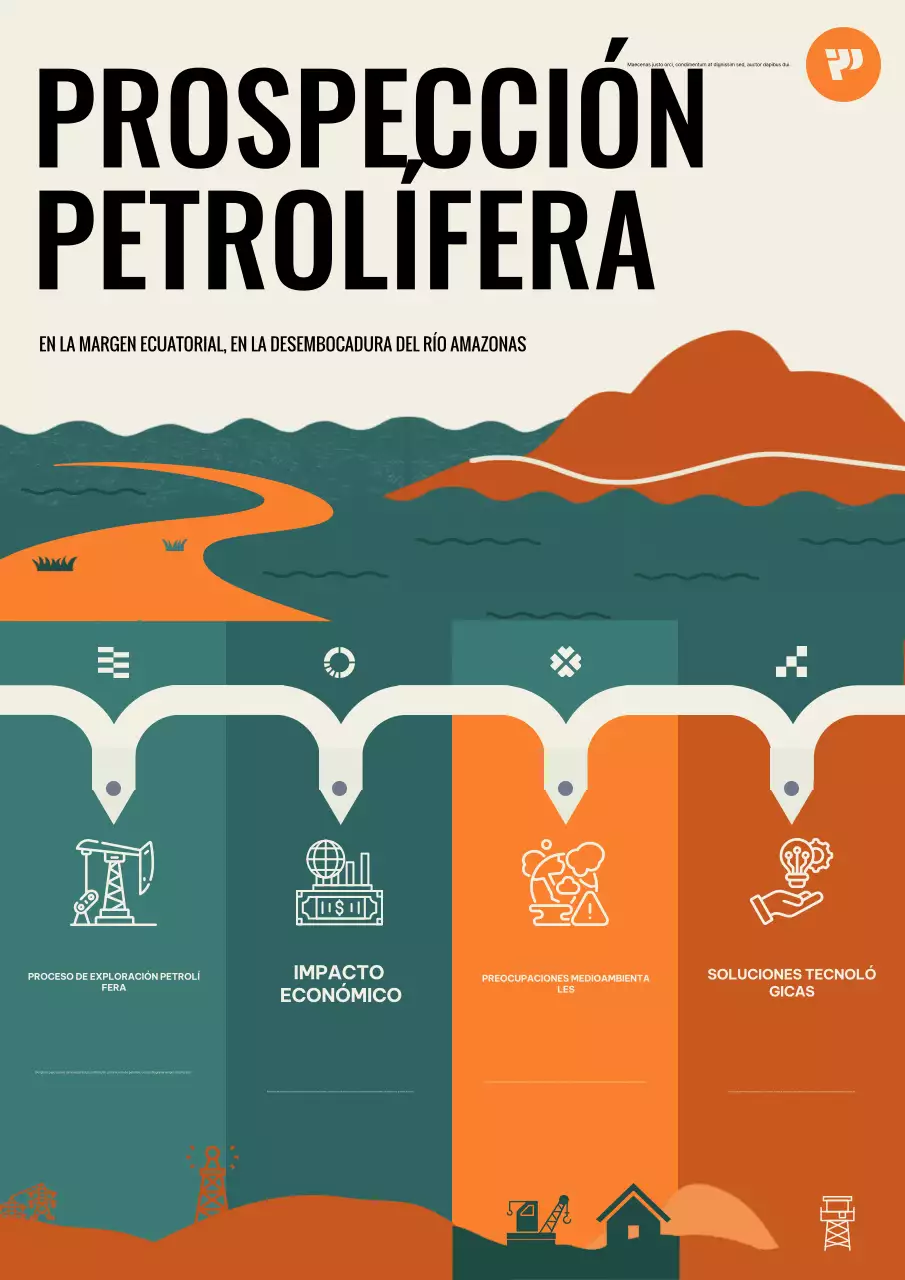 Ilustración de póster infográfico de exploración petrolera en naranja y verde intenso