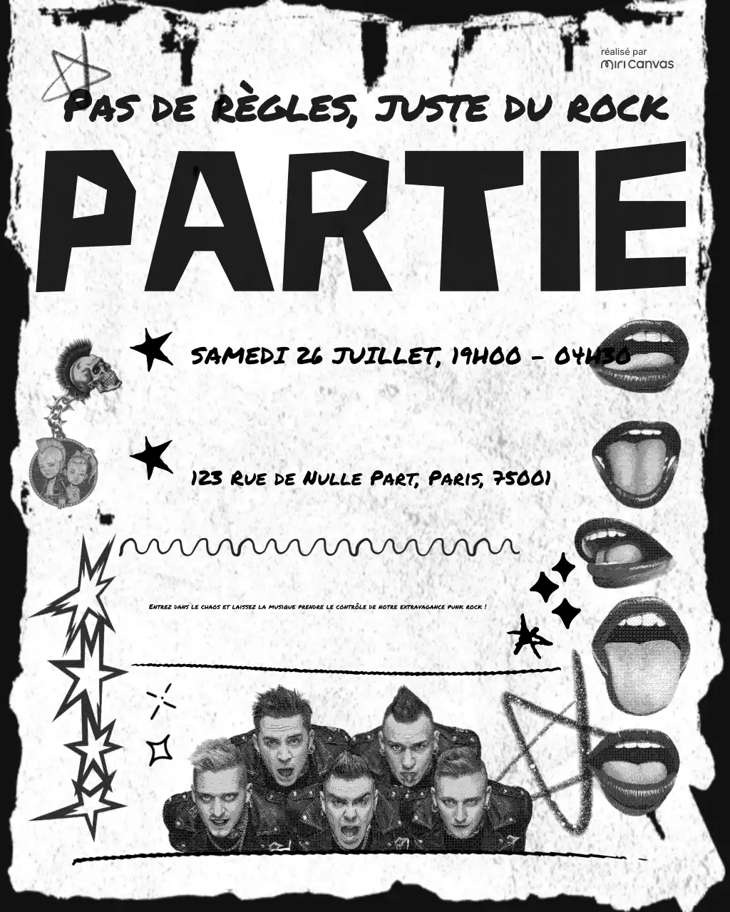 Invitation à une soirée punk en noir et blanc : image verticale Instagram