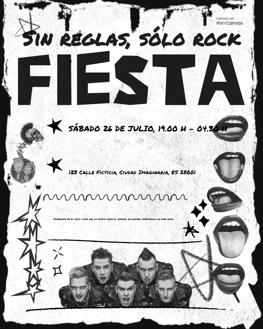 Invitación a fiesta punk en blanco y negro, imagen vertical de Instagram