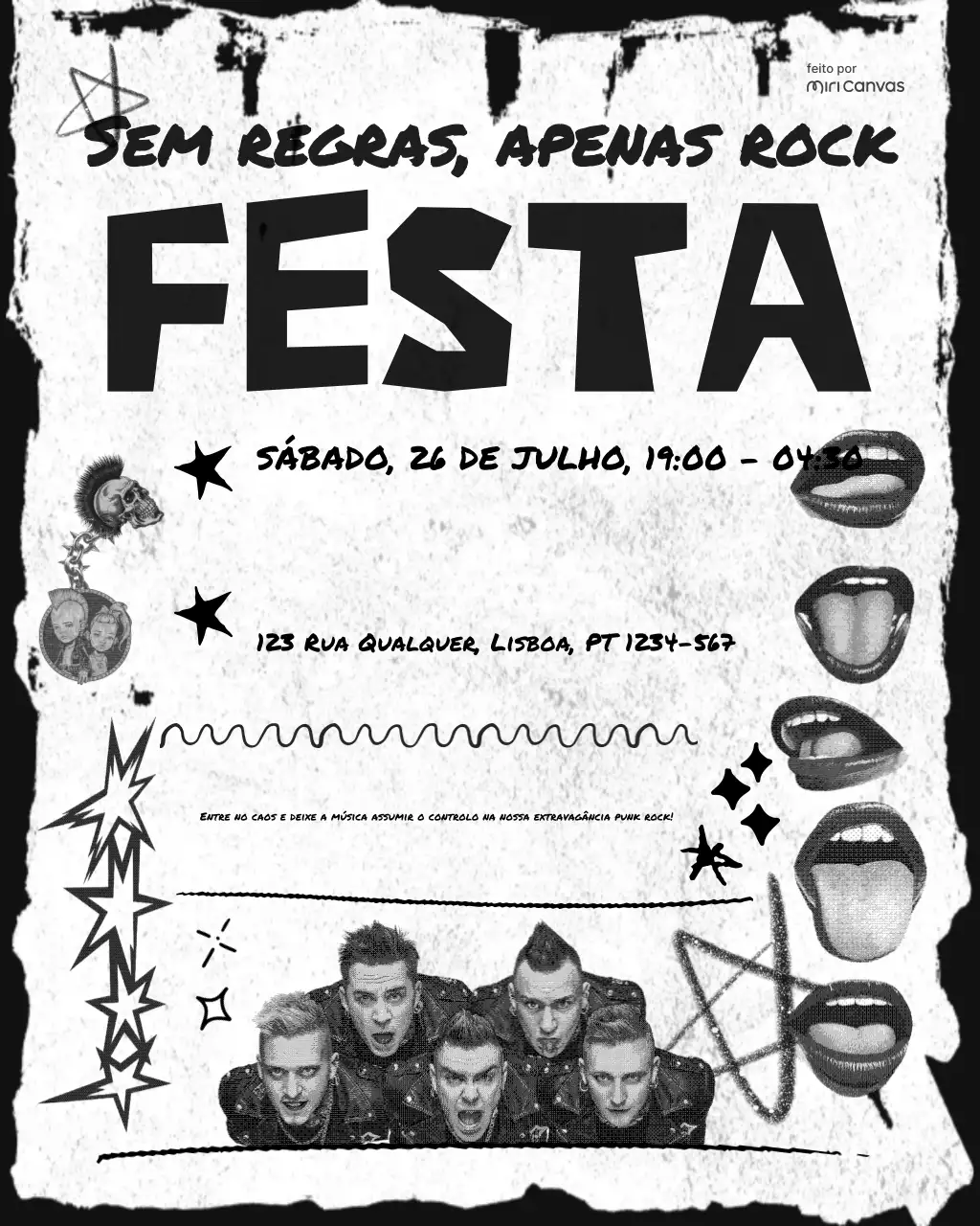 Convite para festa punk preto e branco Instagram imagem vertical