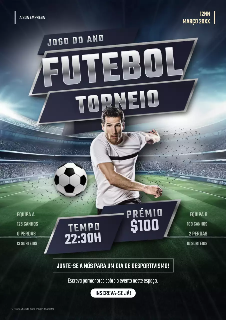 Cartaz promocional de futebol em negrito azul